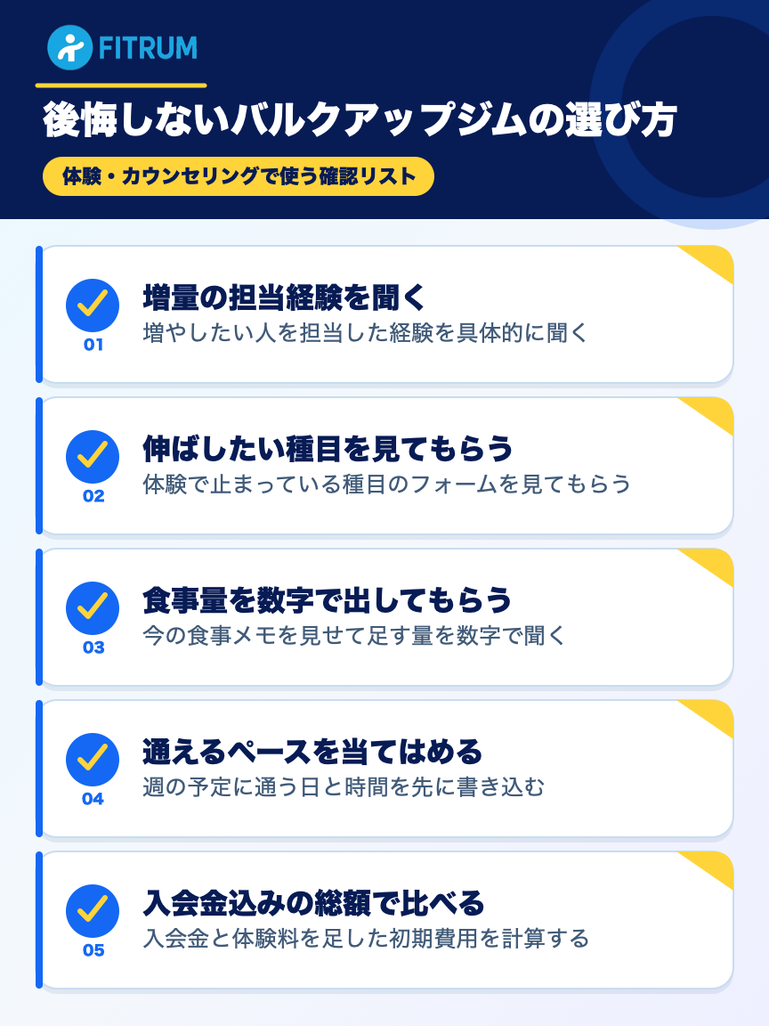 後悔しないバルクアップ向けパーソナルジム選びでチェックする五つの確認事項